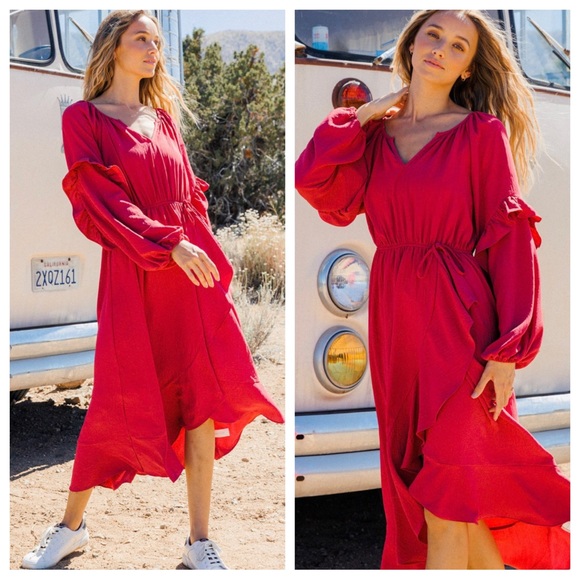 36 Boho Frill Detail V neck Midi Dress - Picture 3 of 3